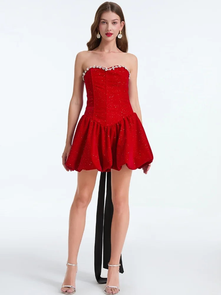 Crystal-Trim Strapless Glitter Bubble-Hem Mini Dress
