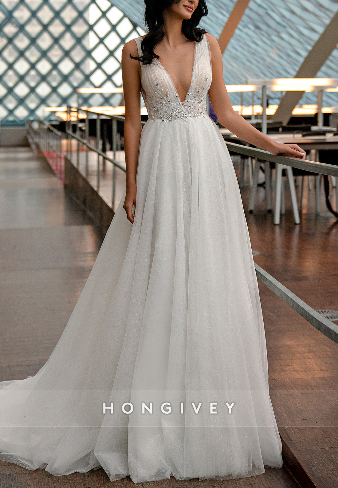 Low V-Neck Bowknot Sleeveless Tulle A-Line Court Train Pleated Wedding Dresses