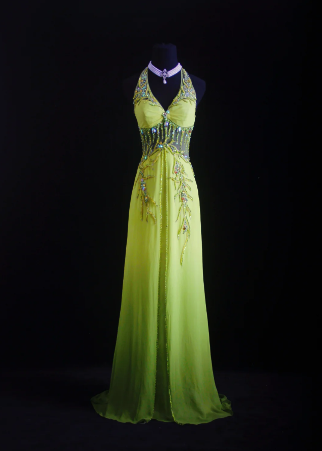 Chic Green Halter V Neck Satin Chiffon Beaded Mermaid Long Party Dress Evening Gown D1661