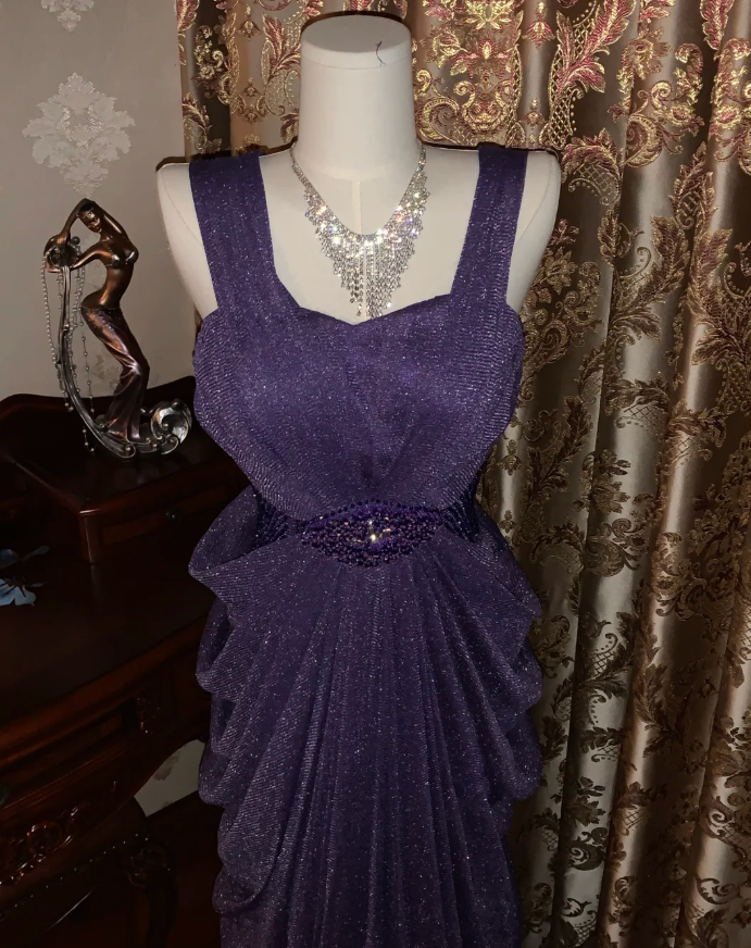 Sparkly Purple Tulle Sequin Beaded Pleated Mermaid Evening Dress Long Birthday Prom Gown D1750