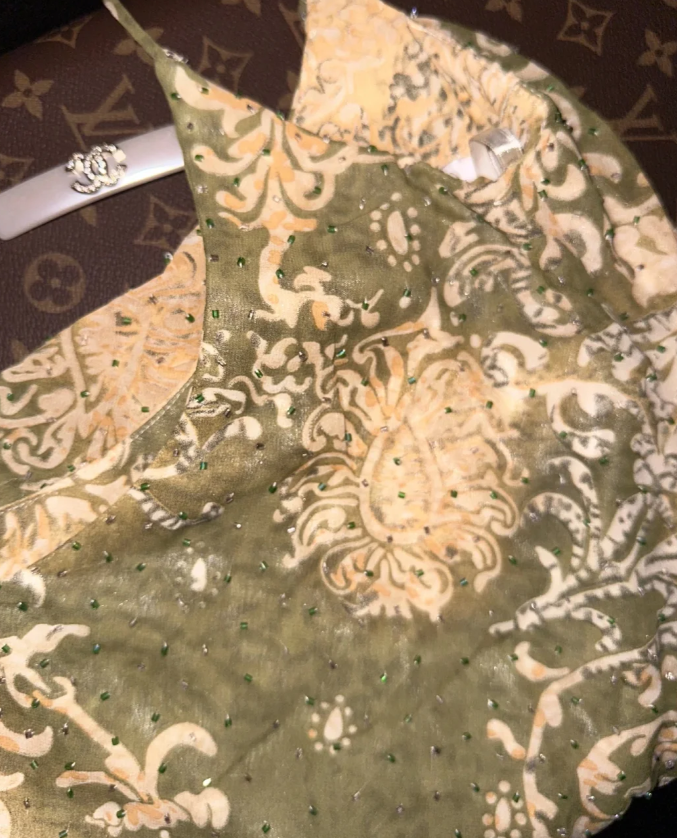 Vintage Spaghetti Straps Green Chiffon Print Floral Beaded Mermaid Evening Dress Long Party Dress D1266