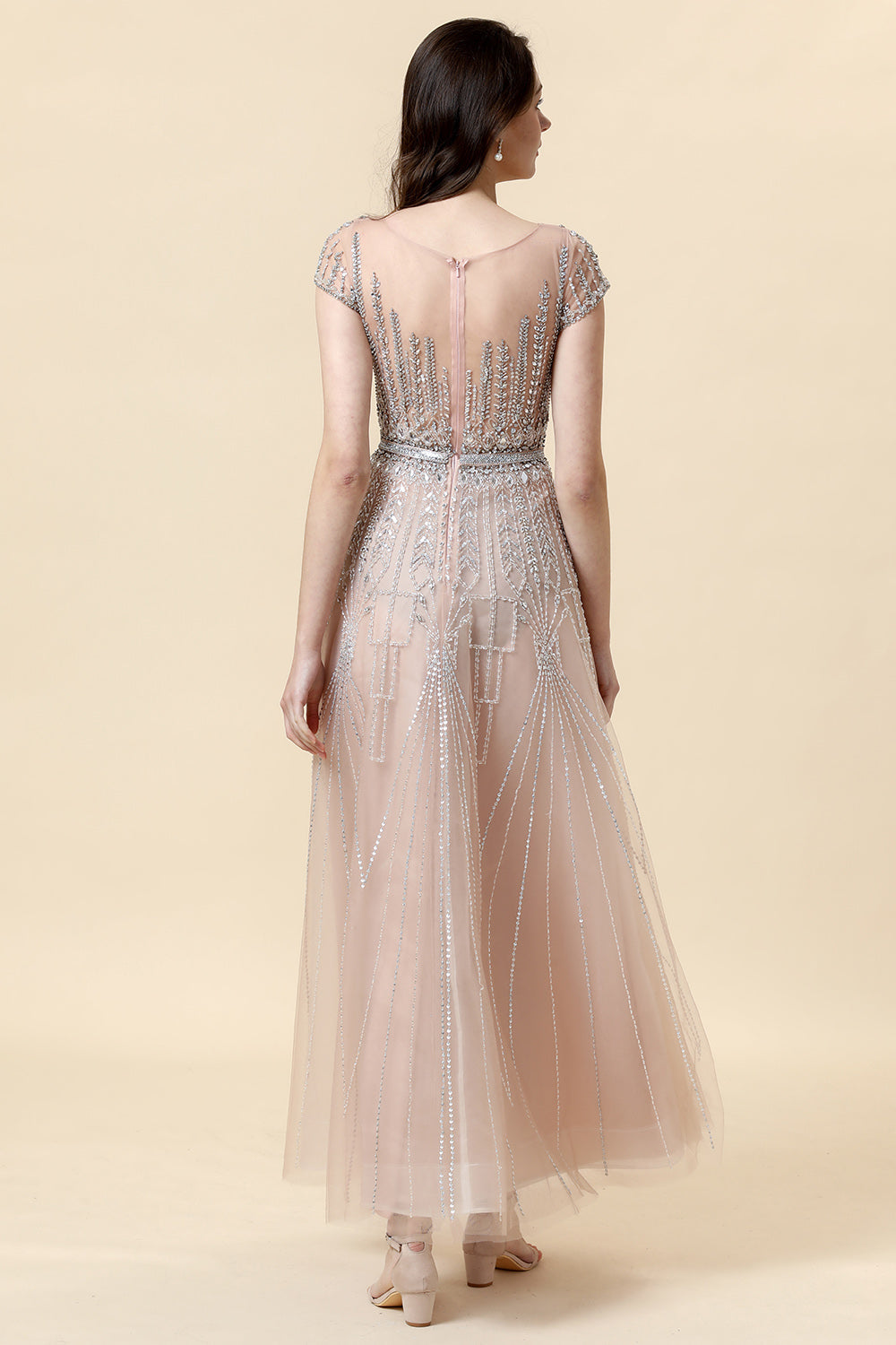 Sparkly Blush Beaded A-Line Tulle Formal Dress - Fashionpara
