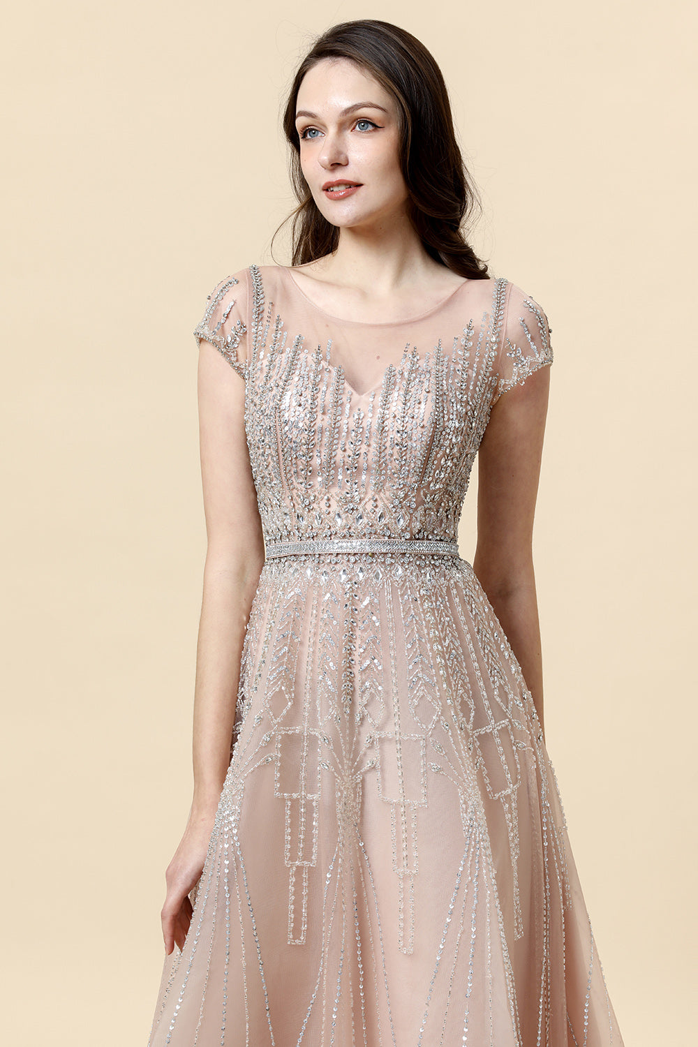 Sparkly Blush Beaded A-Line Tulle Formal Dress - Fashionpara