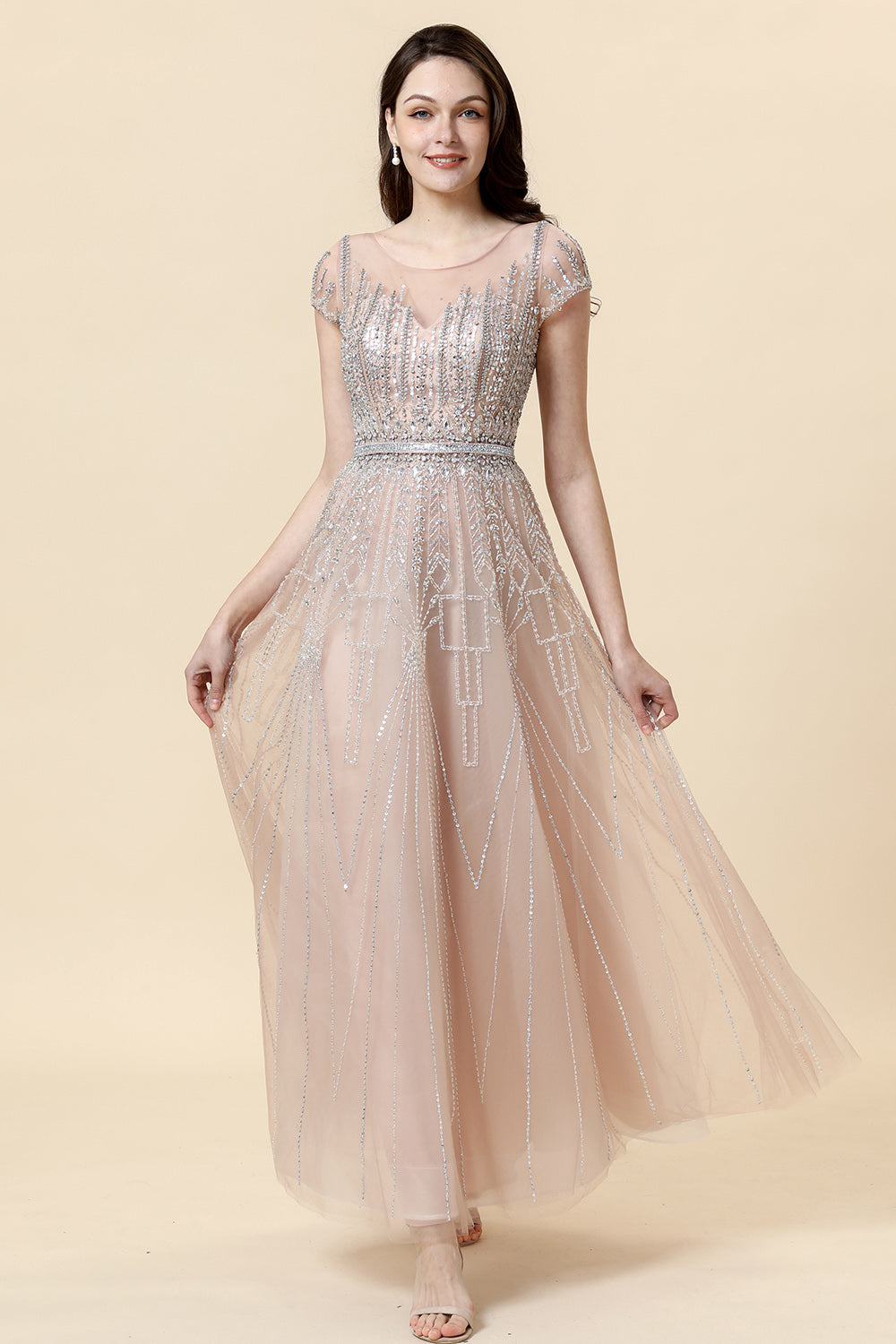 Sparkly Blush Beaded A-Line Tulle Formal Dress - Fashionpara