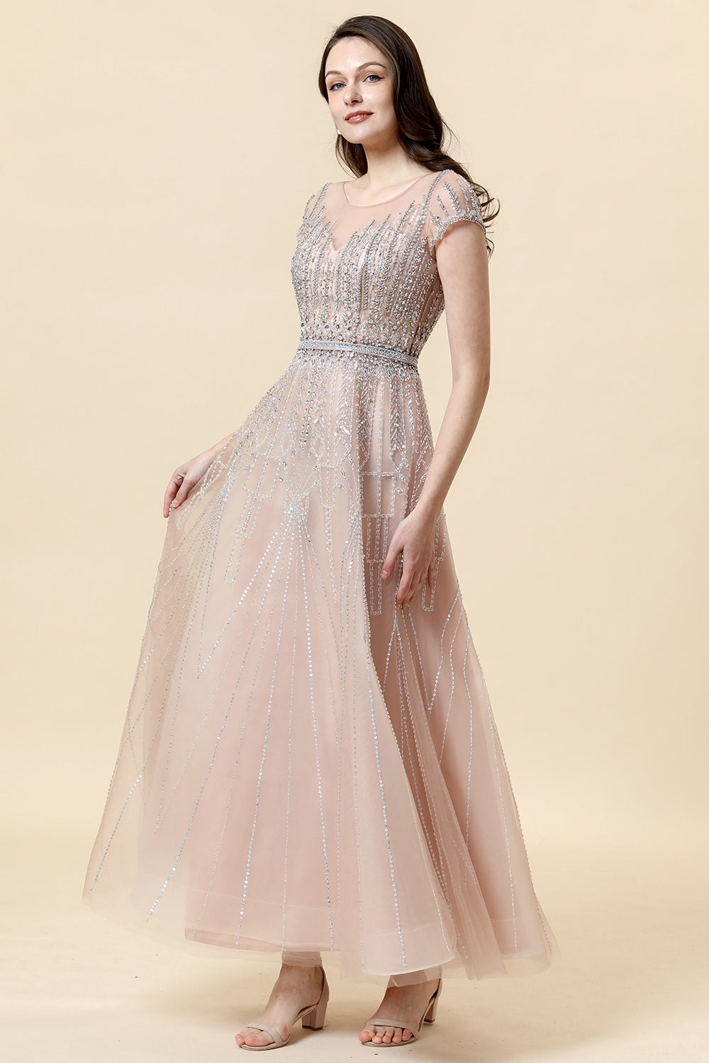 Sparkly Blush Beaded A-Line Tulle Formal Dress - Fashionpara