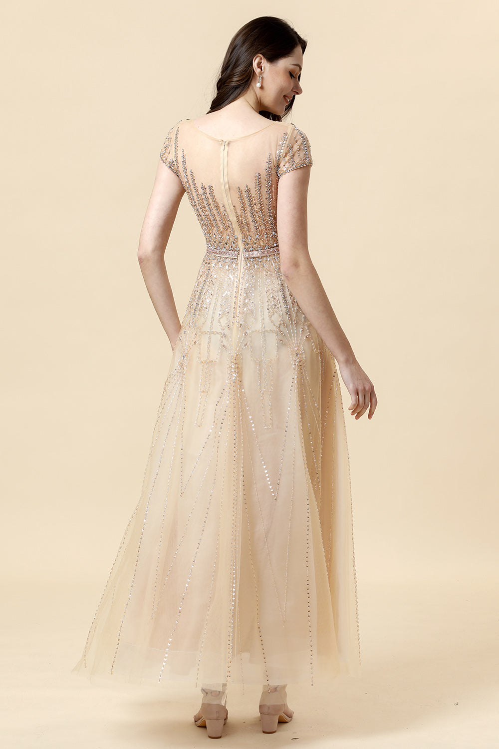 A Line Round Neck Golden Beaded Floor Length Formal Dress - Fashionpara