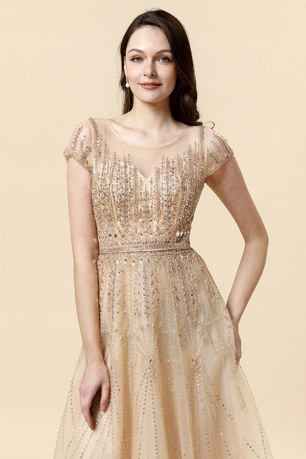 A Line Round Neck Golden Beaded Floor Length Formal Dress - Fashionpara
