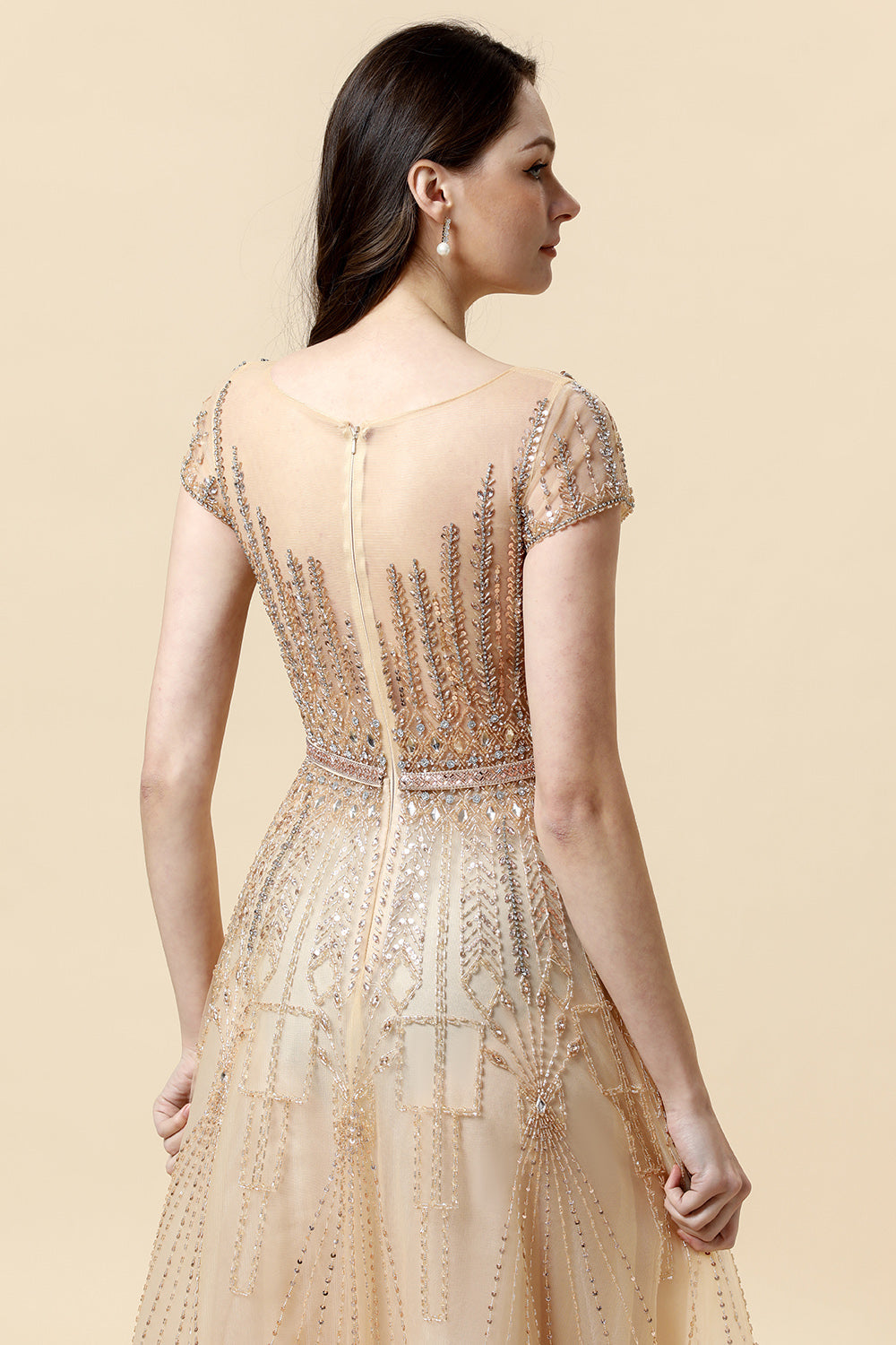 A Line Round Neck Golden Beaded Floor Length Formal Dress - Fashionpara