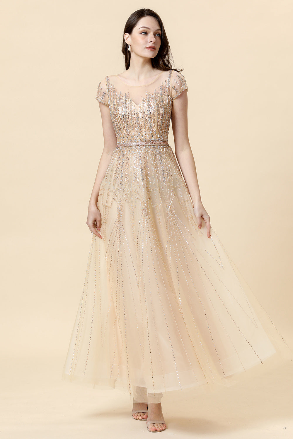 A Line Round Neck Golden Beaded Floor Length Formal Dress - Fashionpara