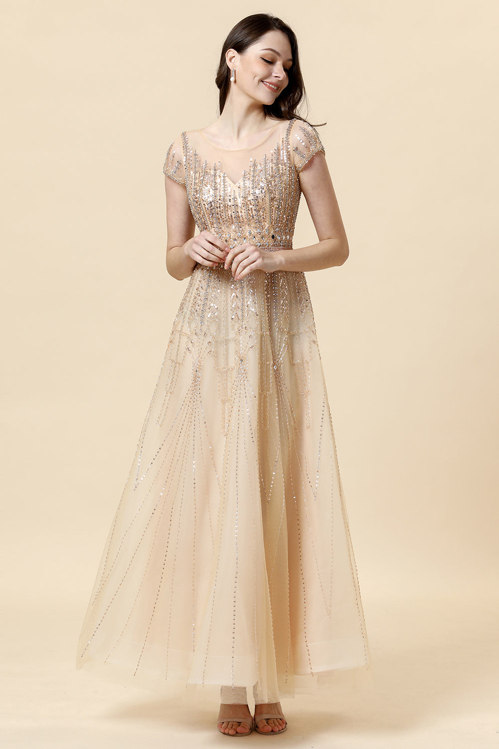 A Line Round Neck Golden Beaded Floor Length Formal Dress - Fashionpara