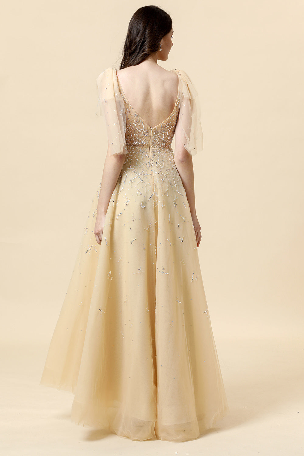 Sparkly Yellow Beaded A-Line Formal Dress - Fashionpara