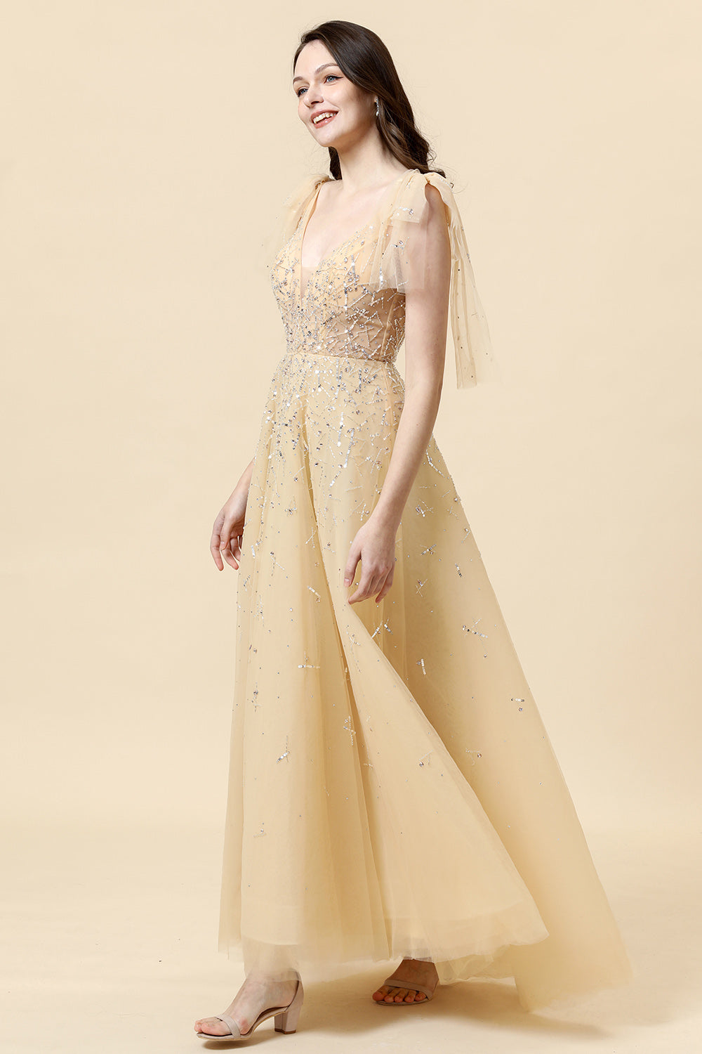 Sparkly Yellow Beaded A-Line Formal Dress - Fashionpara