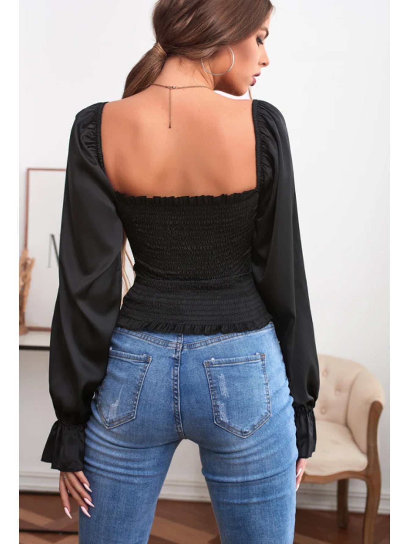 SQUARE COLLAR RUFFLED LONG SLEEVES BLOUSE - Fashionpara