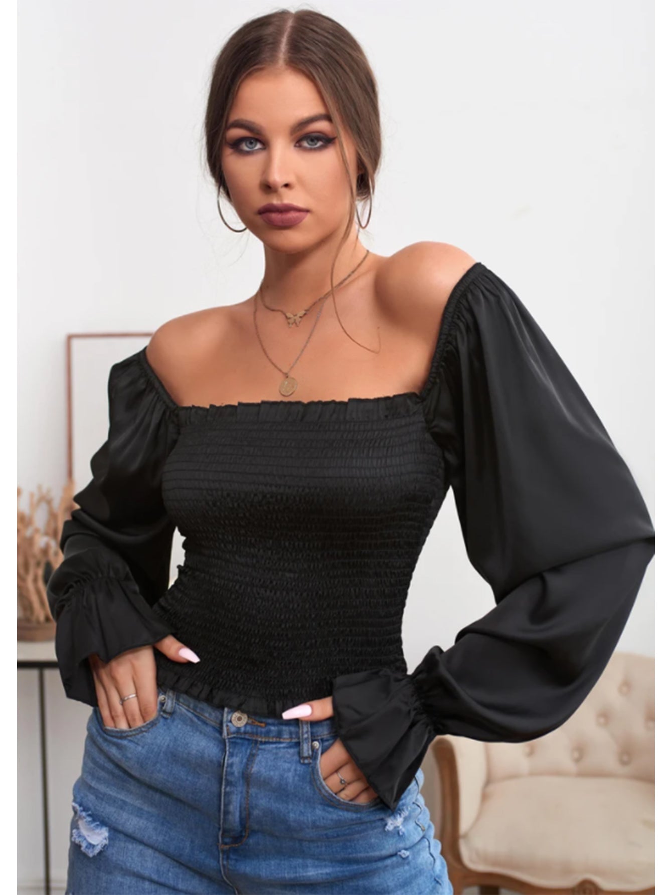 SQUARE COLLAR RUFFLED LONG SLEEVES BLOUSE - Fashionpara