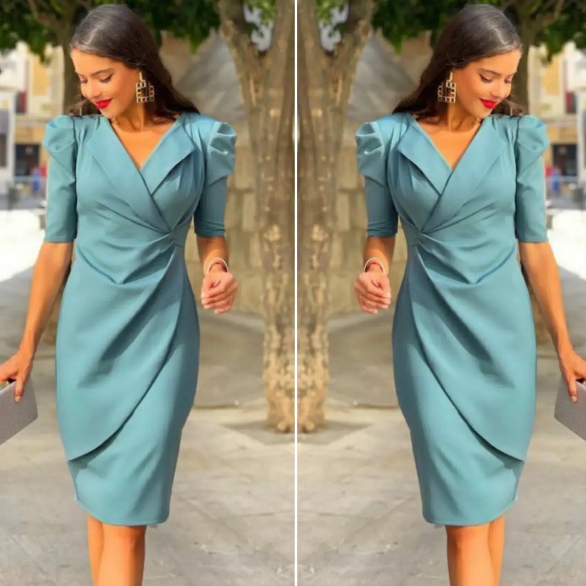 Wrap Deep V-Neck Puff Sleeve Ruched Drape Midi Cocktail Dress