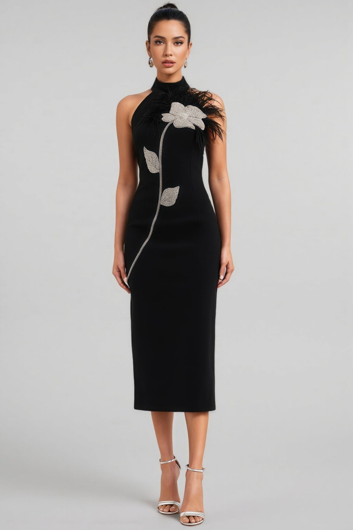 Bandeau 3D Floral Feather Midi Dress