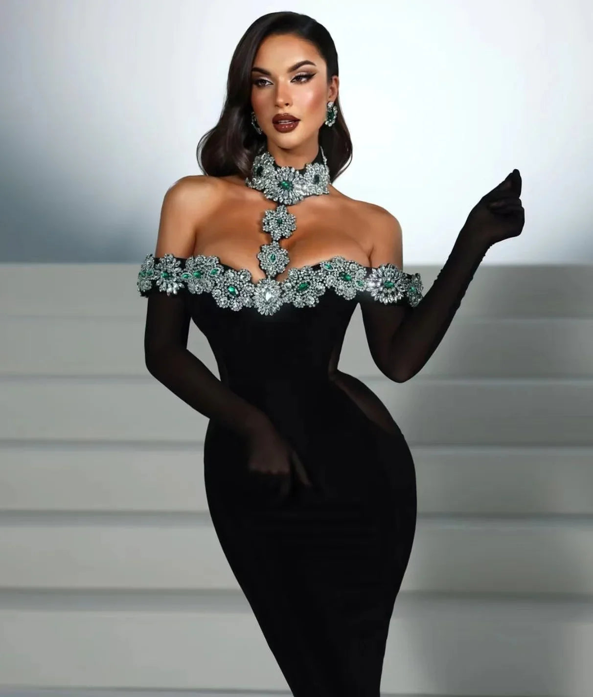 Off-The-Shoulder Halter Ankle-Length Party Dress