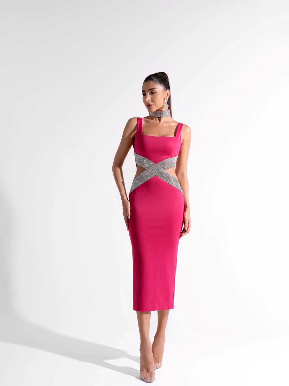 Square Neck Embellished Cut-Out Bodycon Midi Dress