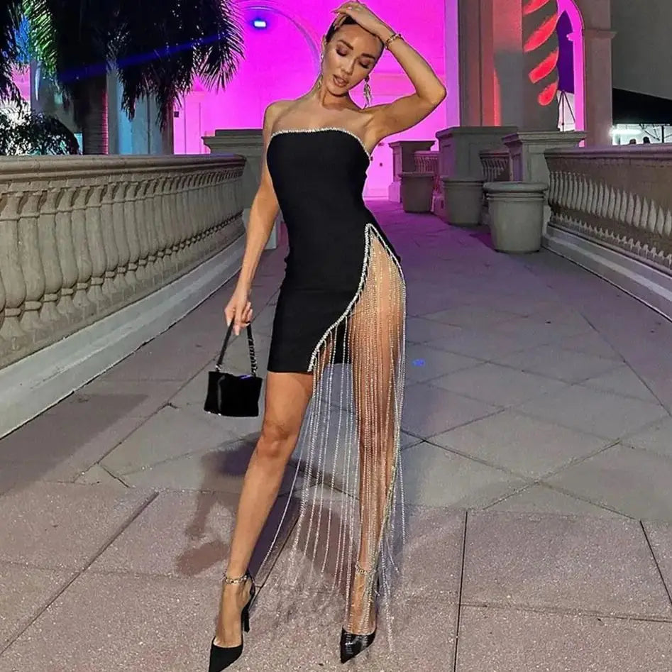 Strapless Rhinestone Fringe Bandage Mini Dress