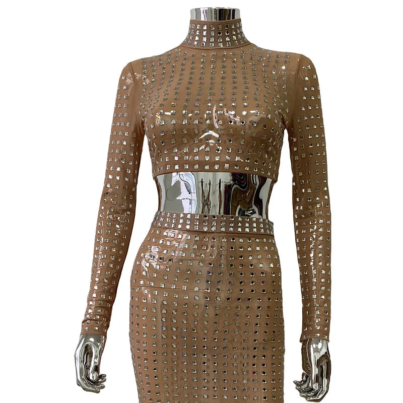 Mesh Top Skirt Sparkling Party Dress Khaki / S Partydress-241208