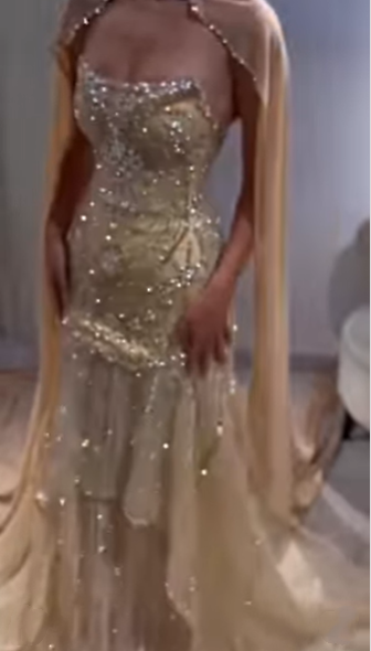 Glitter Yellow Chiffon Sequin Beaded Mermaid Evening Dress Long Birthday Prom Gown D1435