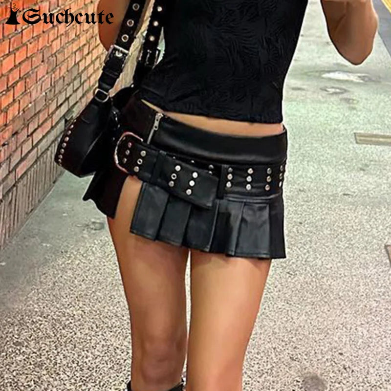 Gothic Rivet Pleated Leather Skirt