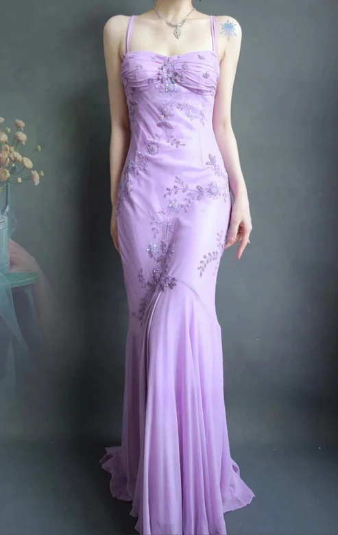 Classy Spaghetti Straps Lavender Chiffon Beaded Mermaid Evening Gown Long Prom Dress D885