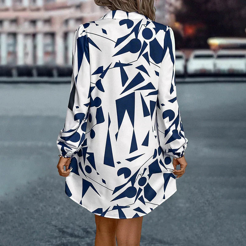 Abstract Print Long Sleeve Button Down Collar Mini Shirt Dress - View 3