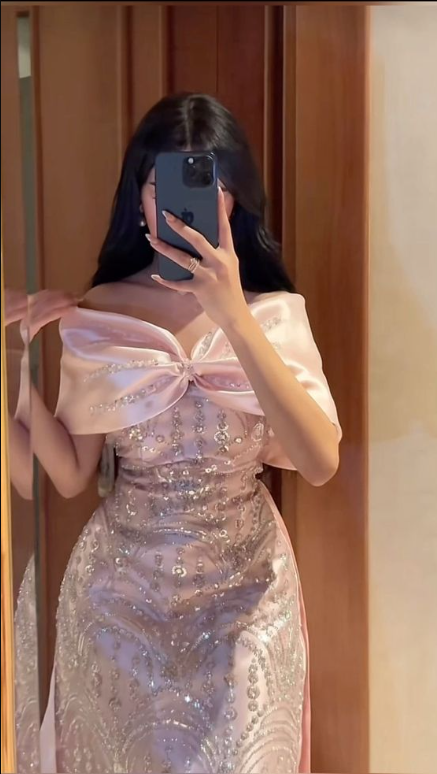 Pretty Pink Off The Shoulder Satin Beaded Long Prom Dress Birthday Party Gown D1206