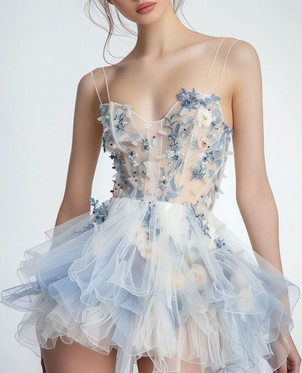 Classy Spaghetti Straps Tulle Beaded Applique A Line Short Birthday Outfits Formal Graduation Homecoming Dress D251