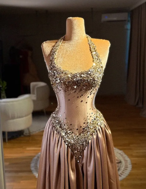 Gorgeous Halter Satin Beaded Long Evening Dress Birthday Party Dress D1281