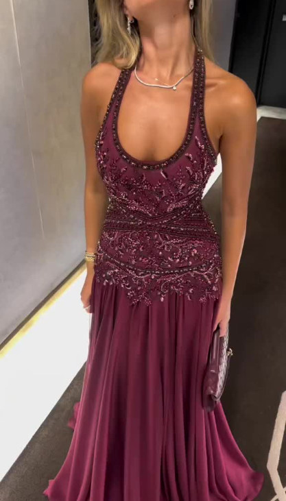 Vintage Halter Chiffon Beaded Prom Dress Long Mermaid Evening Dress D902