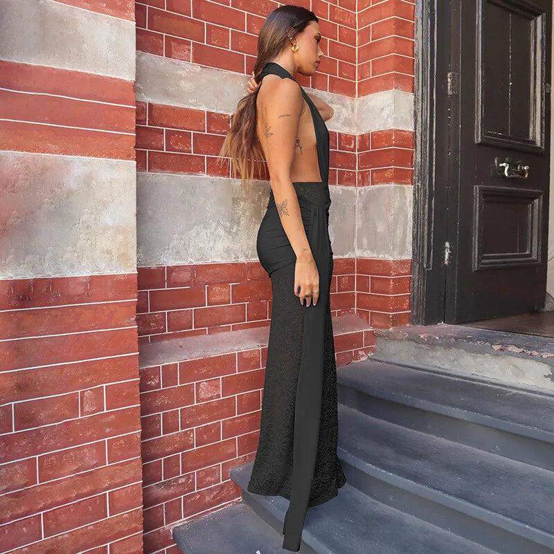 Halter Deep V Neck Lace Sleeveless Long Dress - View 12