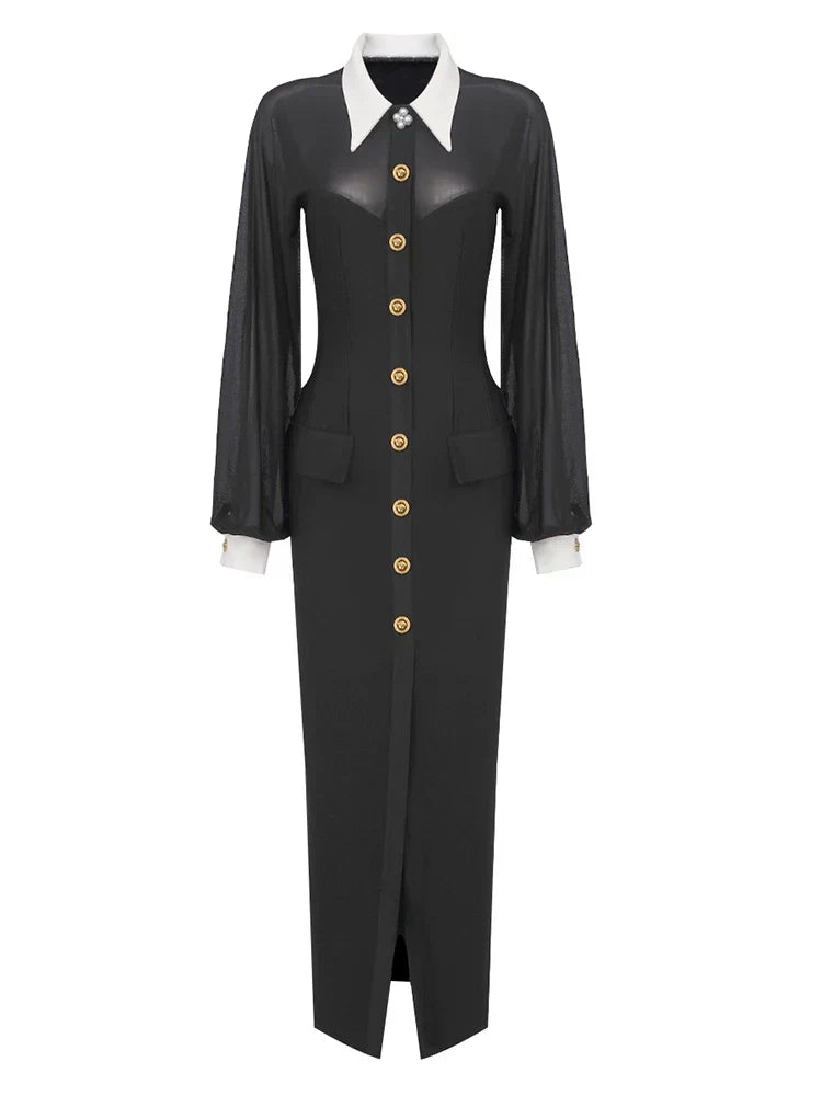 Mesh Long Sleeve Collared Button Front High Split Maxi Gown - View 10