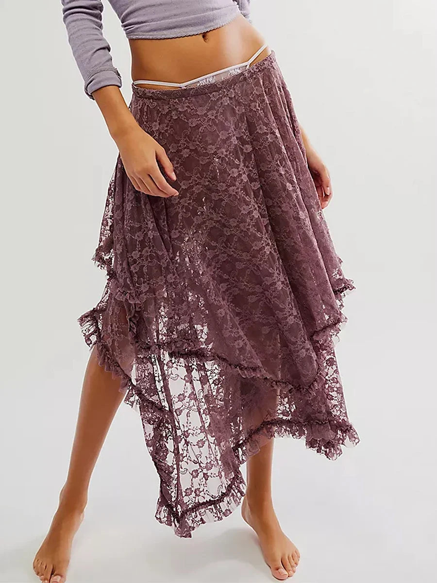 Lace Elastic Irregular Midi Skirt