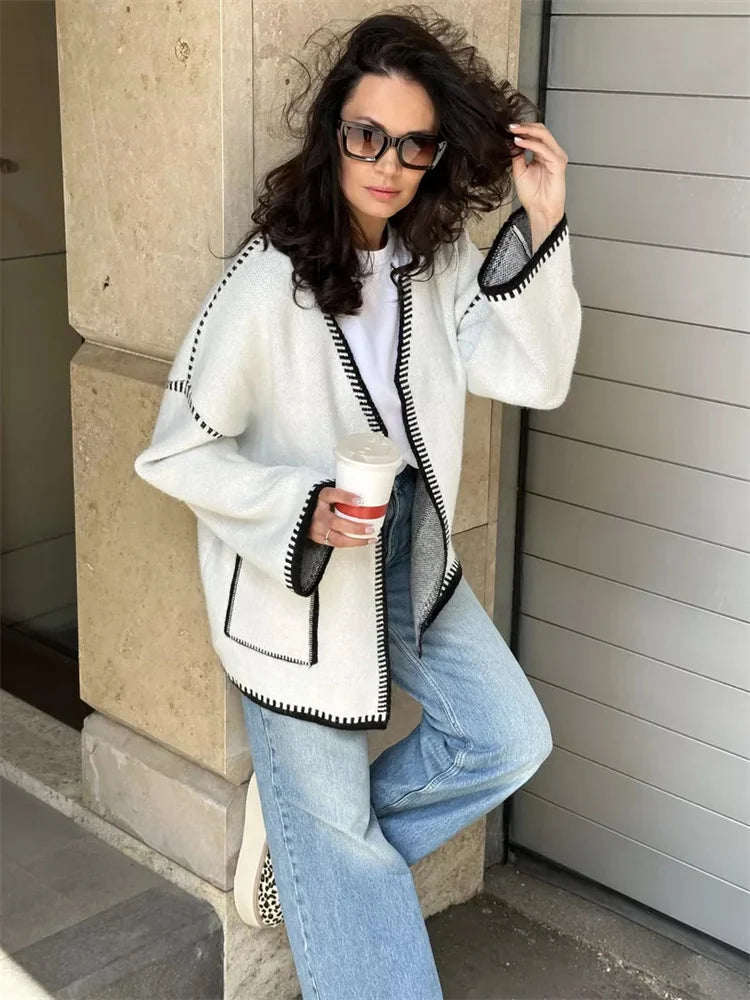 Lace-Up Patchwork Knit Coat
