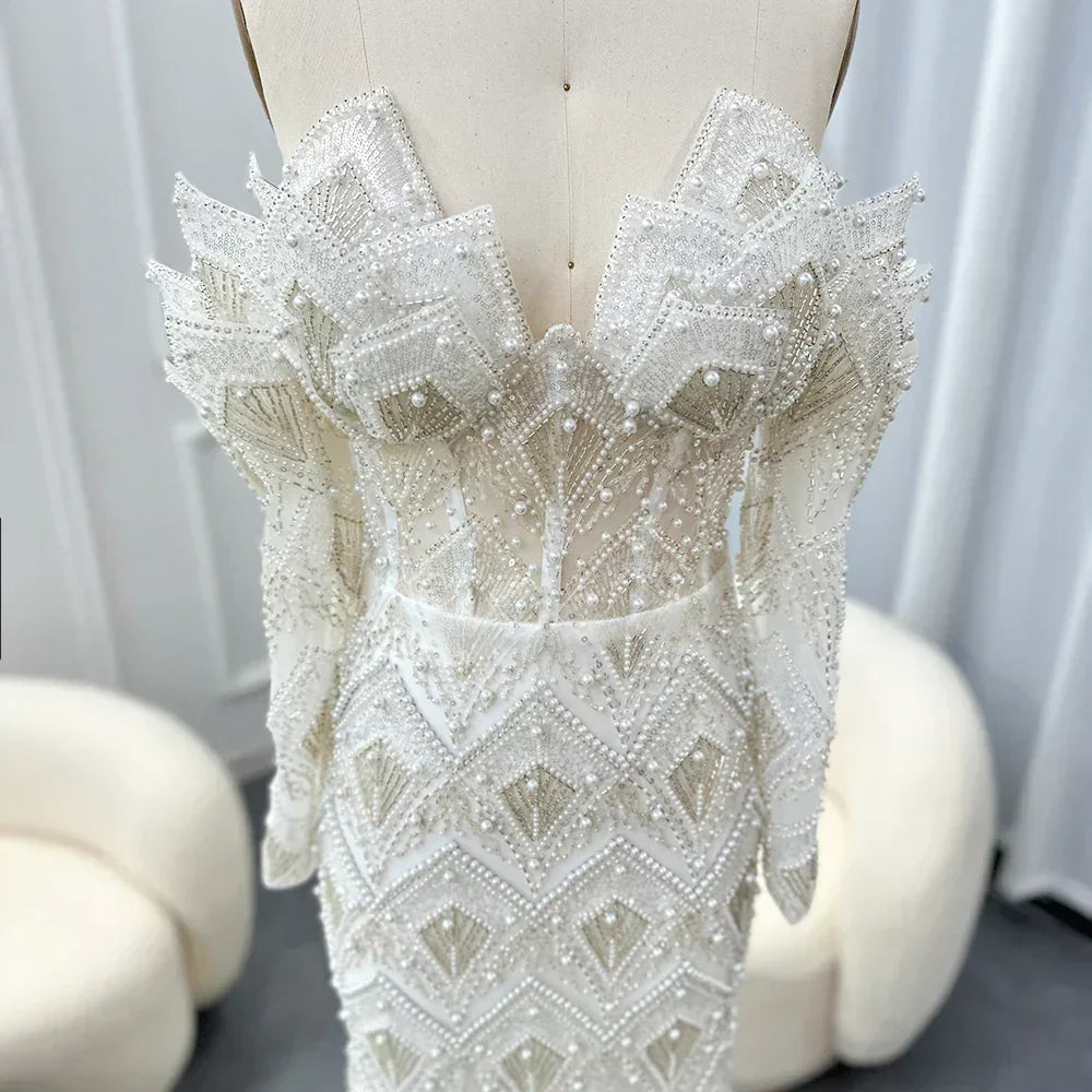Beaded Off Shoulder Long Sleeve Mermaid Maxi Gown - View 14