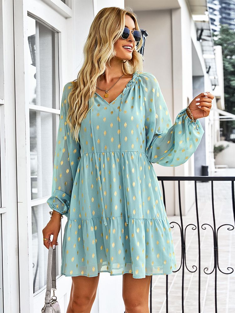Chiffon Polka Dot V-Neck Long Sleeve Tiered Mini Dress