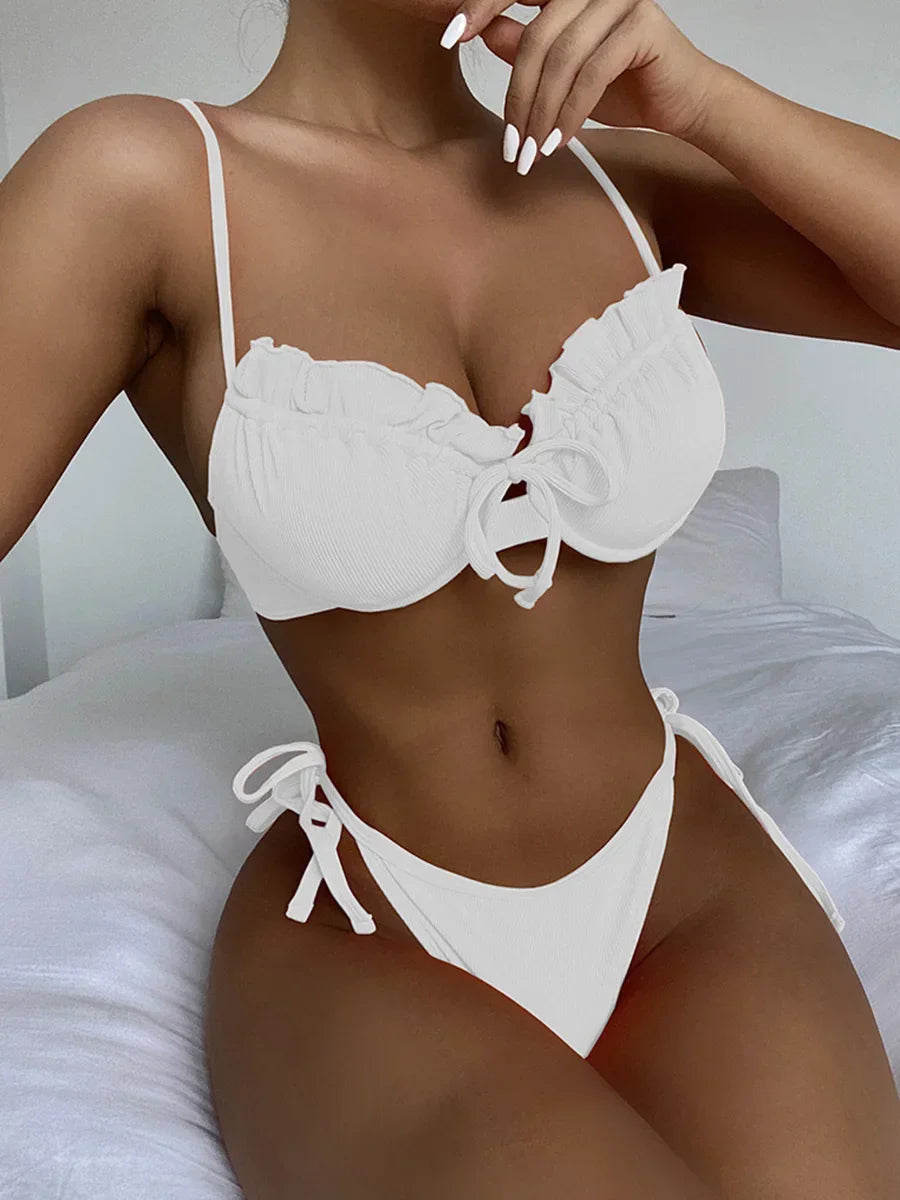 Ribbed Underwired Ruffled Frill Bikini Set - Fashionpara