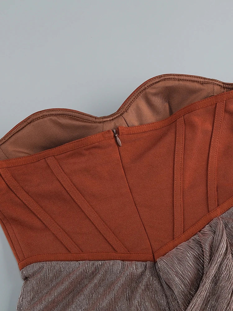 One Shoulder Draped Glitter Brown Maxi Dress - View 13