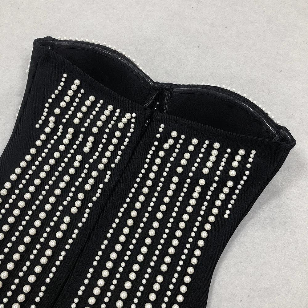 Sexy Black Luxury Pearls Tassels Bodycon Strapless Prom Bandage Dress Sexy Celebrity Evening Runway Cocktail Party Dress