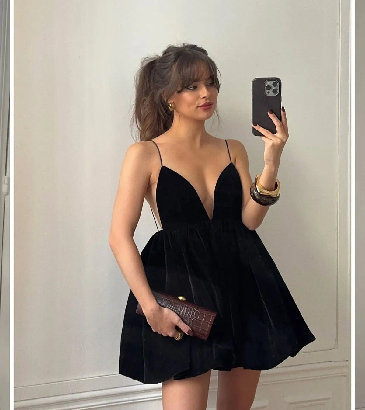 Velvet Deep V Neck Mini Lantern Dress - View 10