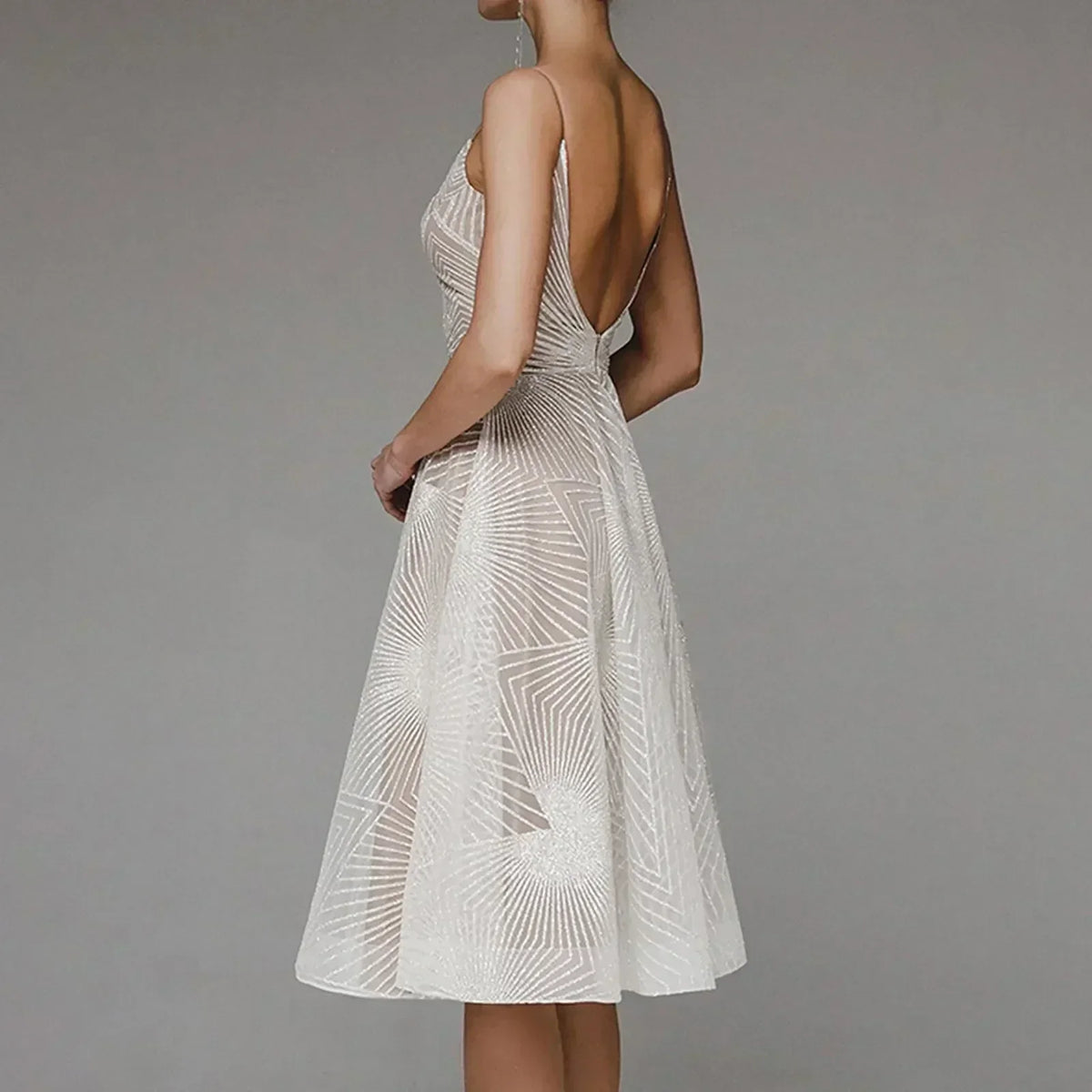 Mesh Overlay Spaghetti Strap Deep V-Neck Geometric Midi Dress - View 2