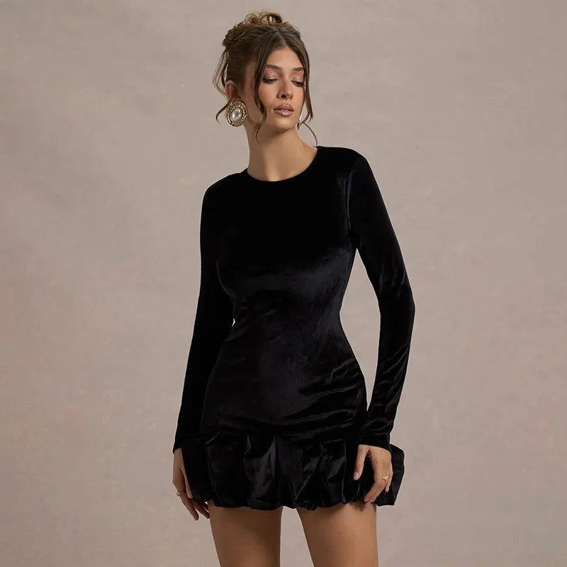 Velvet 3D Pleated Hem Long Sleeve Dress - View 3