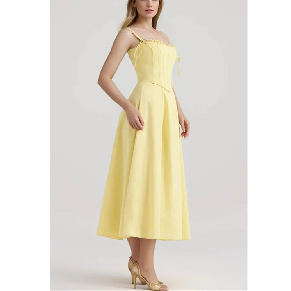 Corset Tie Shoulder Square Neck Ruffle High Split Midi Dress - View 2