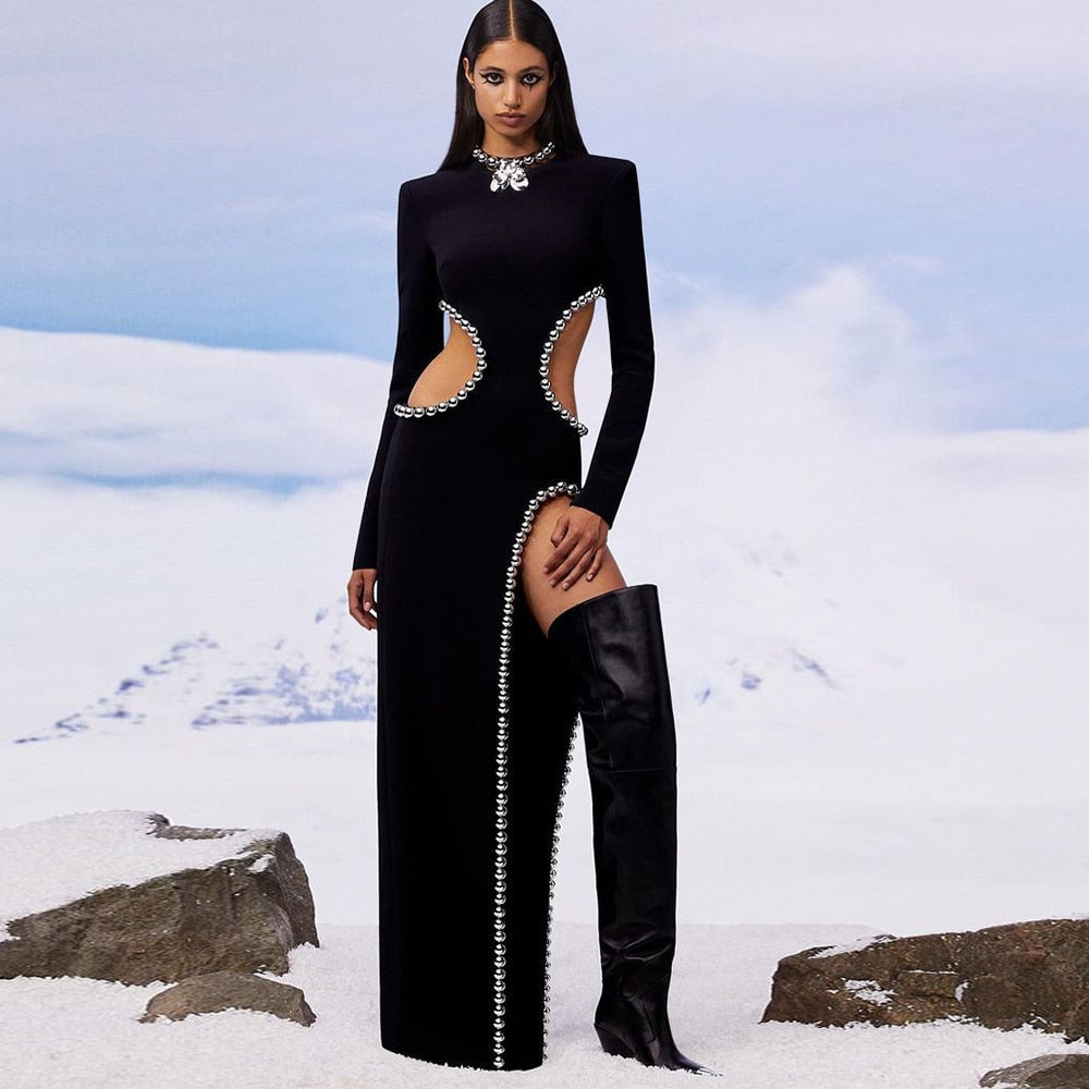 Pearl Bead Cut Out High Split Long Sleeve Gown 4