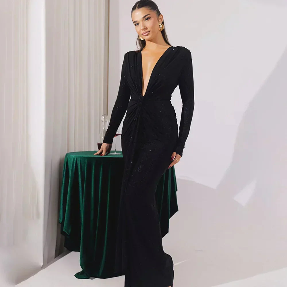 Elastic Deep V - Fold Lace Maxi Dress - View 16