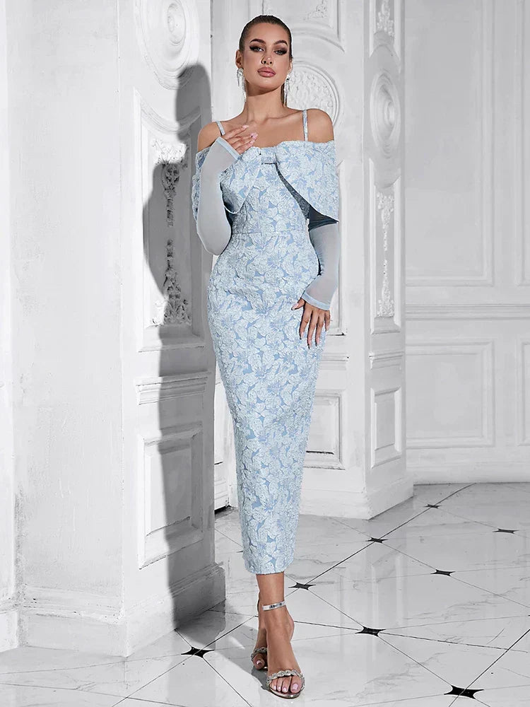Floral Jacquard Cold Shoulder Mesh Long Sleeve Bodycon Midi Dress - View 3