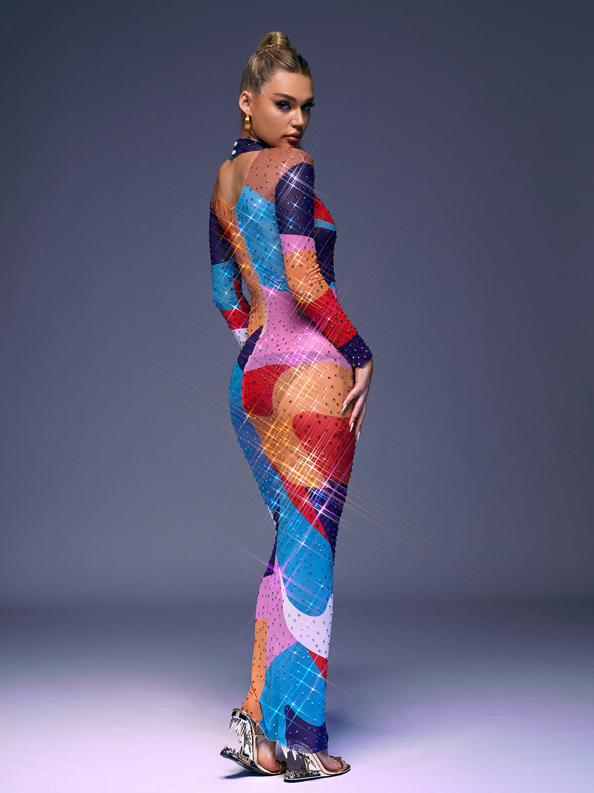 Saanvi Long Sleeve Multi Rhinestone Maxi Dress