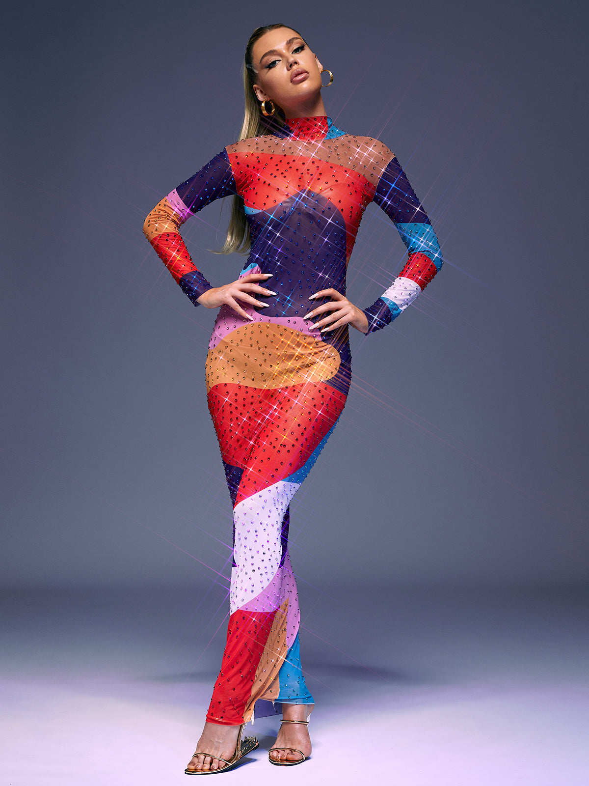 Saanvi Long Sleeve Multi Rhinestone Maxi Dress - View 2
